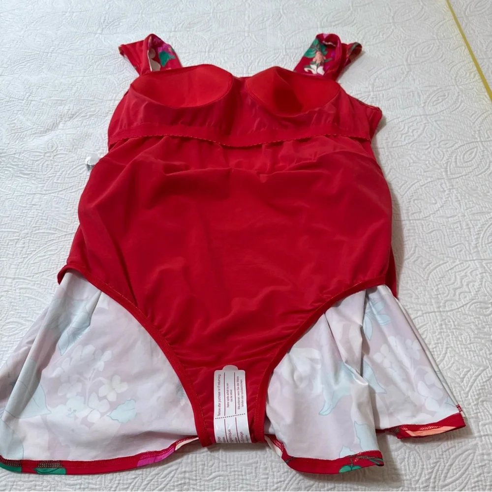 Lands 'End‎ 26W Smoothing Square Neck Ruched Swim Suit Dress Coral Rose Lilies